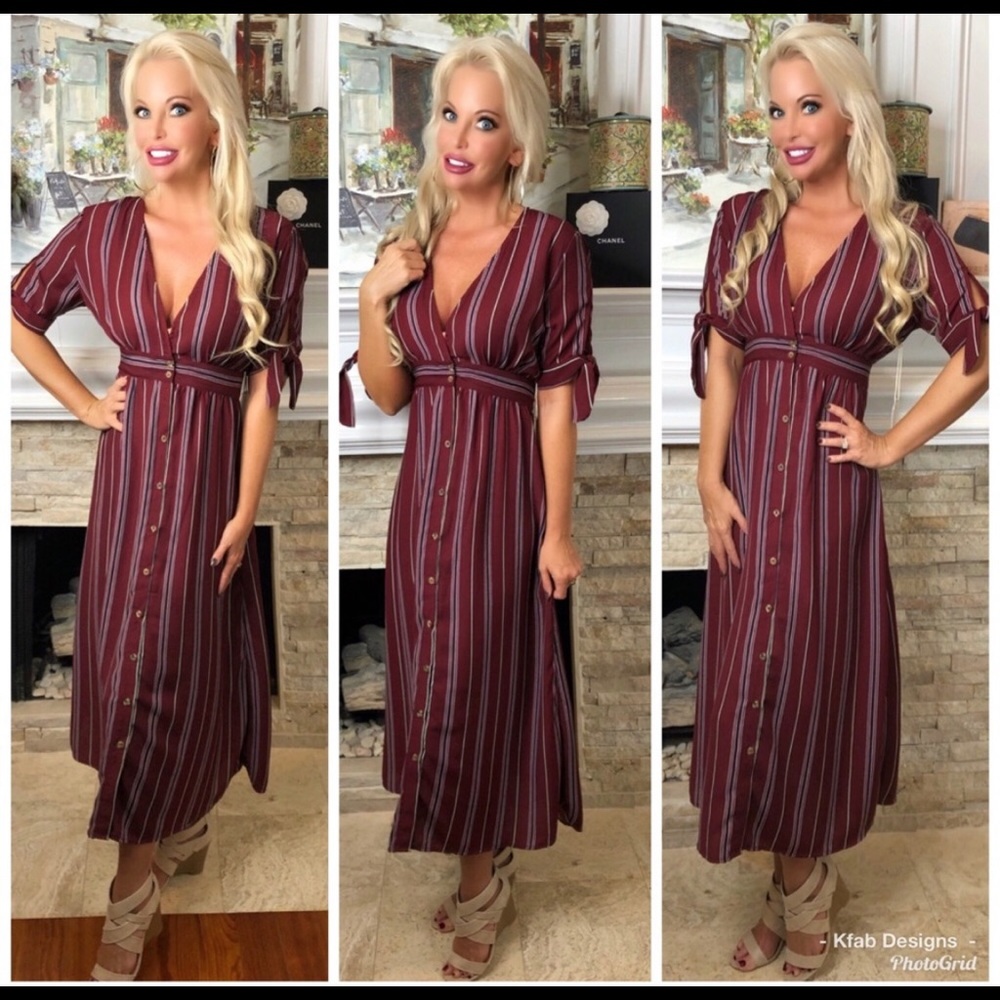 🛍NEW! Button Down Striped Bordeaux Dress!